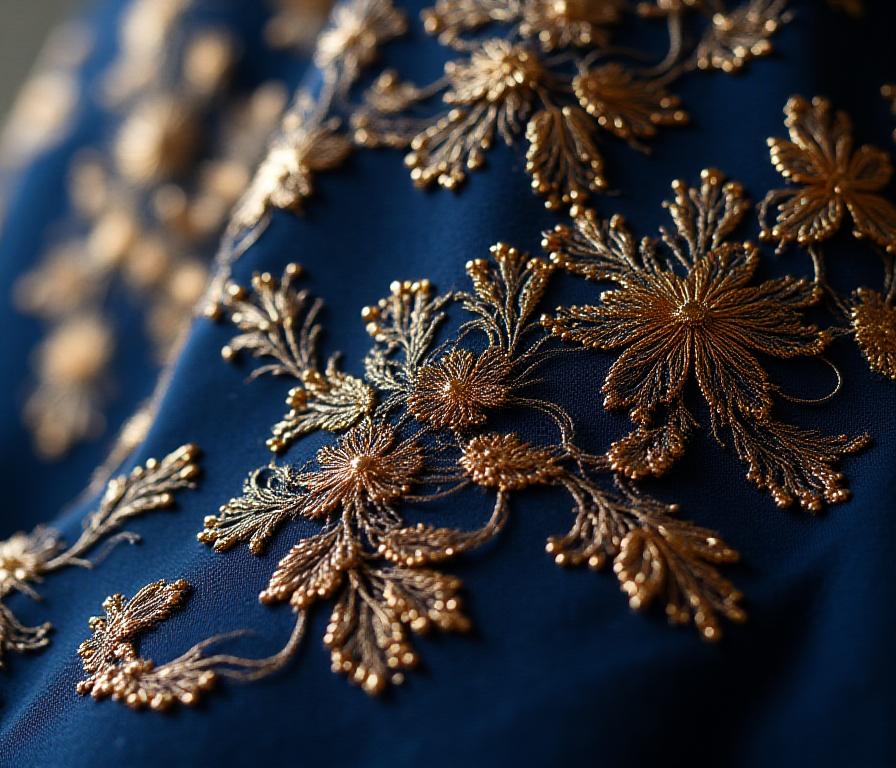 Close up of silk embroidery on a designer gown