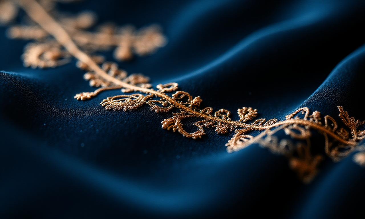 Close up of intricate gold embroidery on dark silk